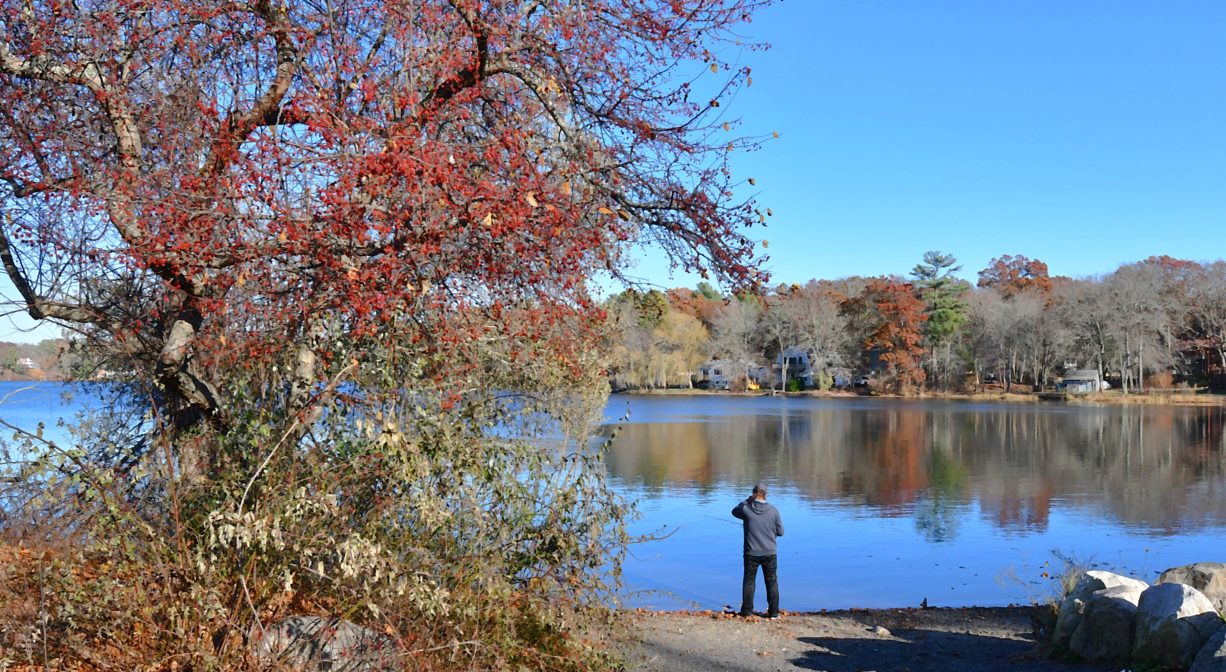 A photograph of a fisherman standing beside a large pond, with scattered colorful trees