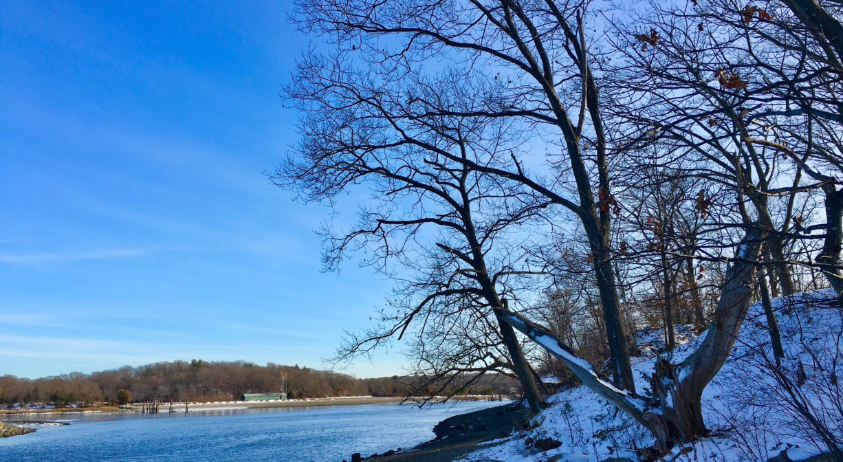 A photograph of a winter landscape along a river with blue skies.