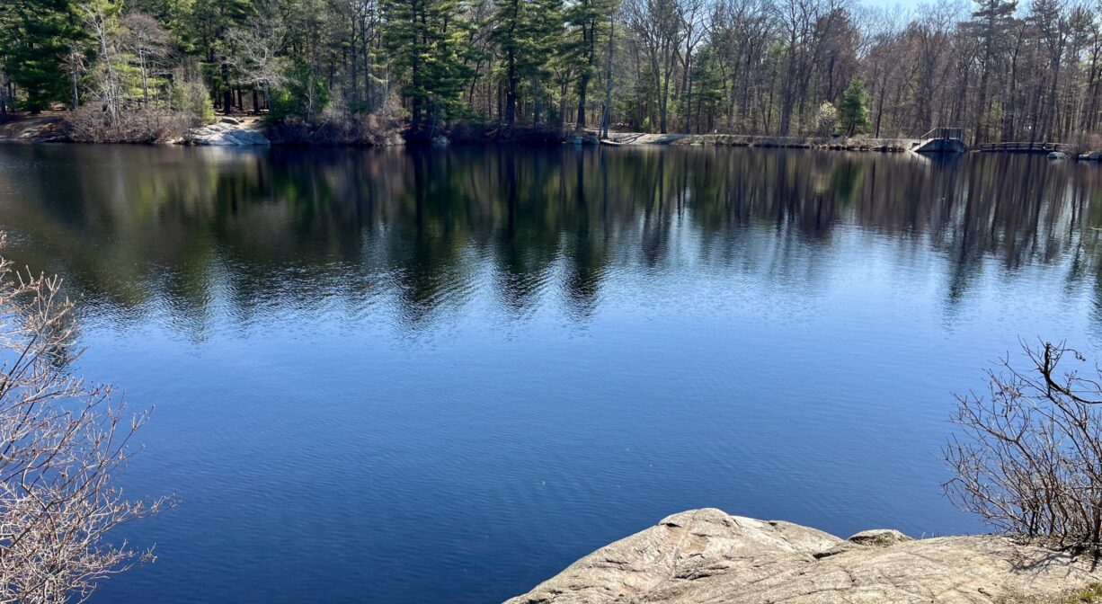 A photograph of a pond with a granite ledge in the foreground.