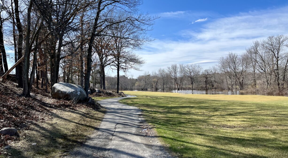 A photograph of a paved path with grass and trees.